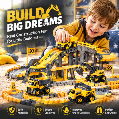 LUNIPLIAY Construction Playset – Kids Building Vehicles & Track Adventure Set