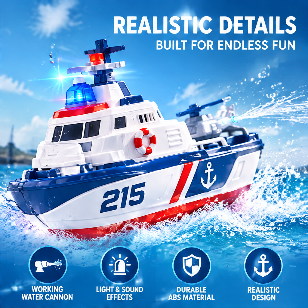 LUNIPLIAY Remote Control Police Rescue Boat Toy