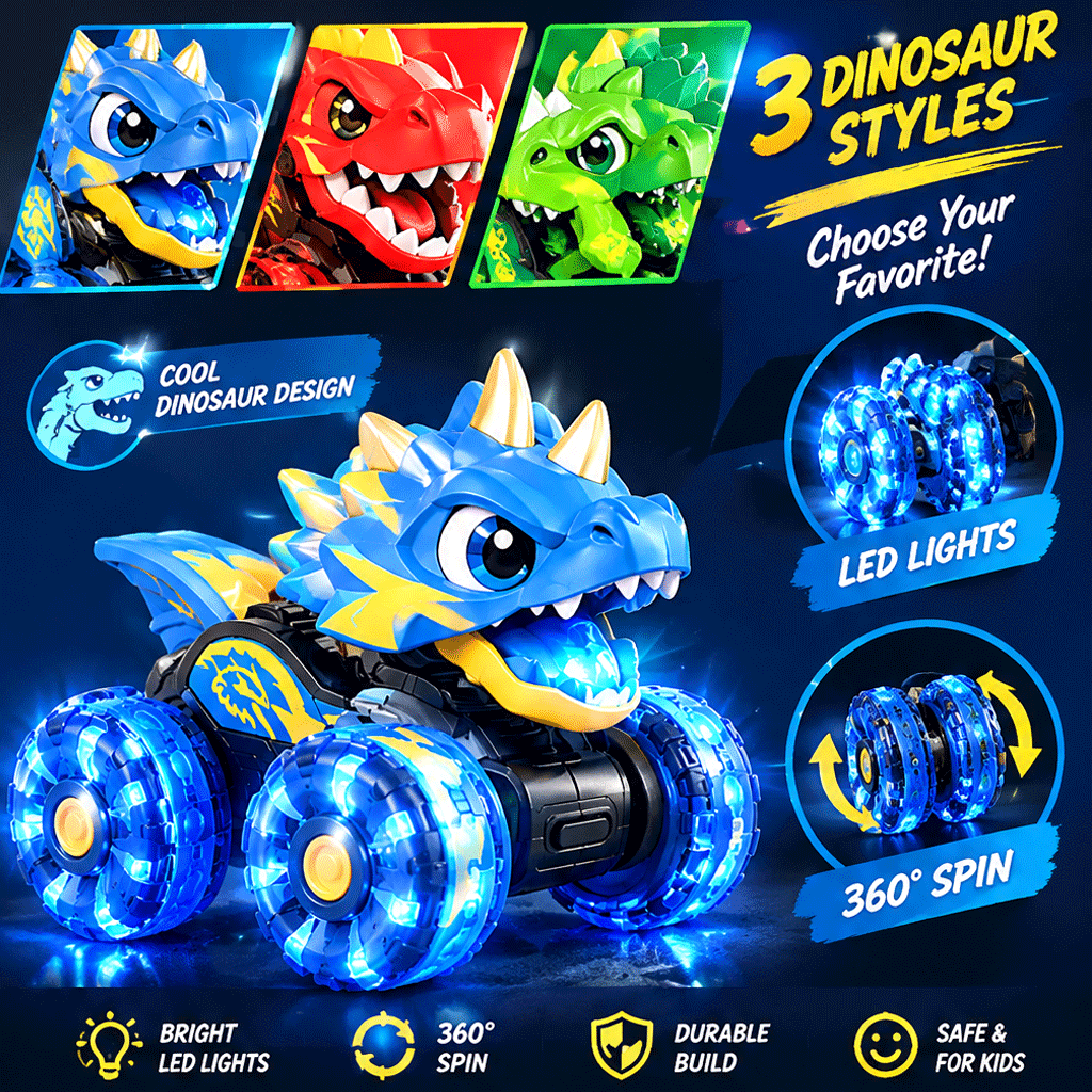 LUNIPLIAY Dinosaur RC Monster Truck – Kids Remote Control Stunt Car