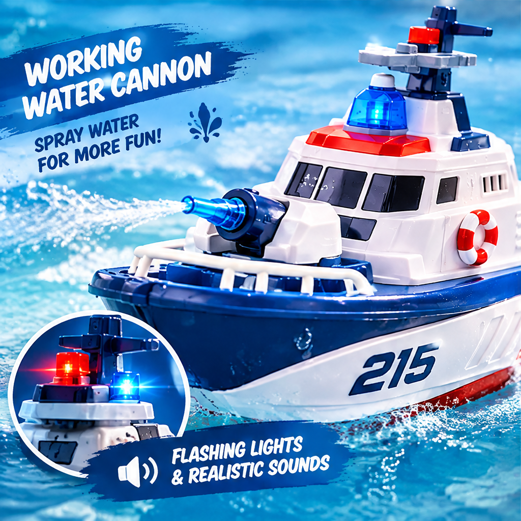 LUNIPLIAY Remote Control Police Rescue Boat Toy