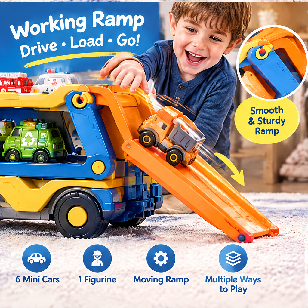 LUNIPLIAY Car Carrier Truck Playset – Kids Vehicle Transport Toy Set