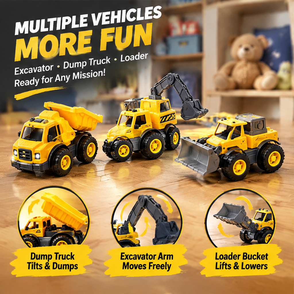LUNIPLIAY Construction Playset – Kids Building Vehicles & Track Adventure Set