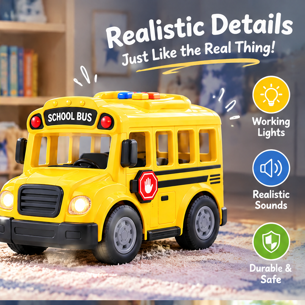 LUNIPLIAY Kids School Bus Toy – Interactive Light & Sound Educational Vehicle