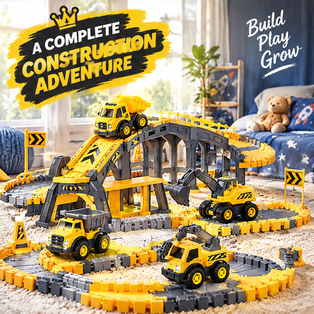 LUNIPLIAY Construction Playset – Kids Building Vehicles & Track Adventure Set